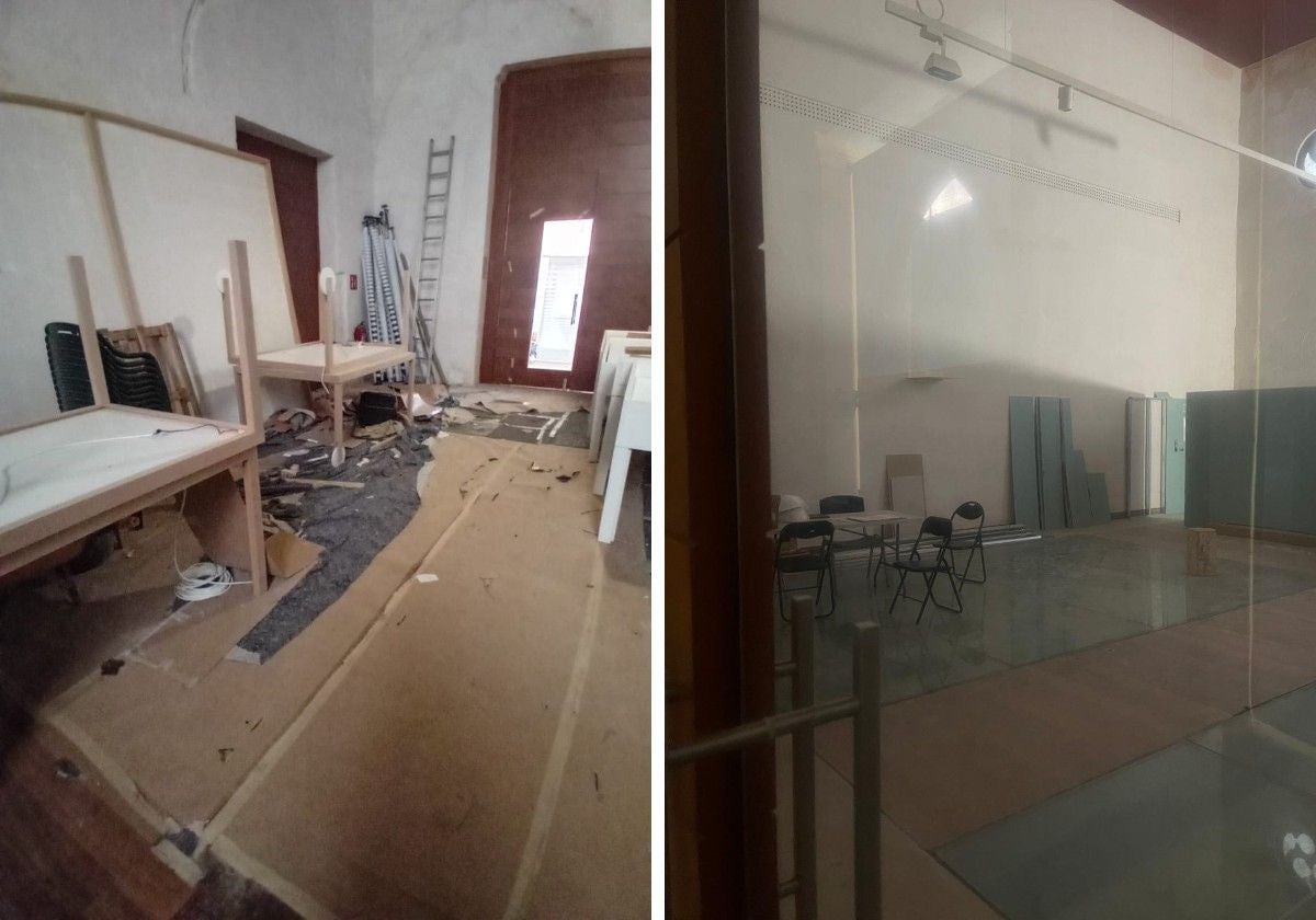 Imagen del antes y el después de la sala Capitular del Centro del Carmen de Valencia.