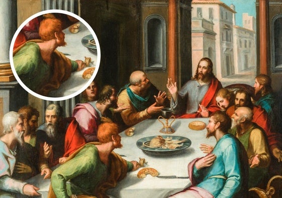 La Última Cena de Vicente Requena, con el detalle en el que se ve a Judas derramando la sala frente a Cristo.