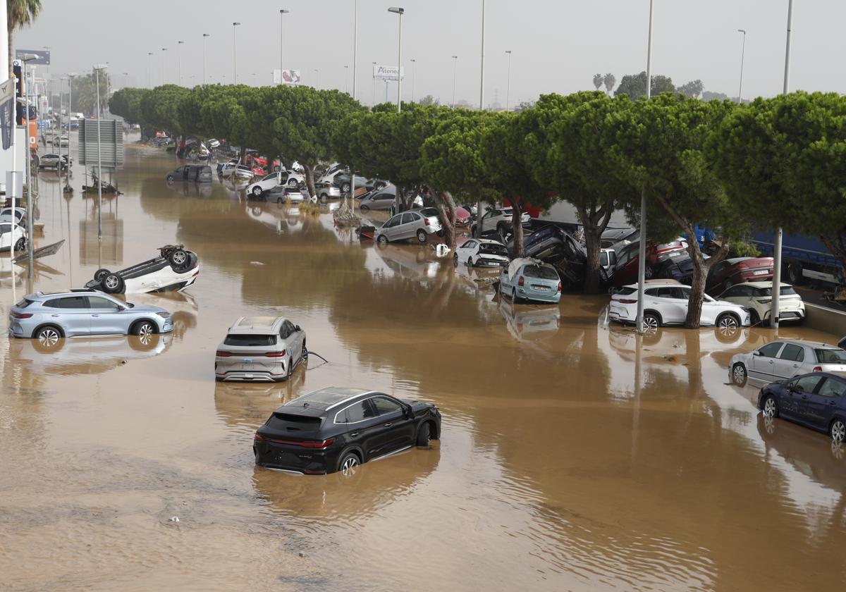 Vista general del polígono industrial de Sedaví anegado a causa de las lluvias torrenciales de las últimas horas.