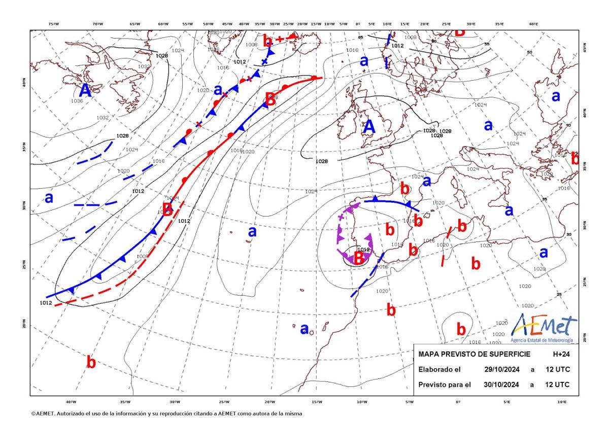 Mapa de isobaras de Aemet del miércoles 30 de octubre.