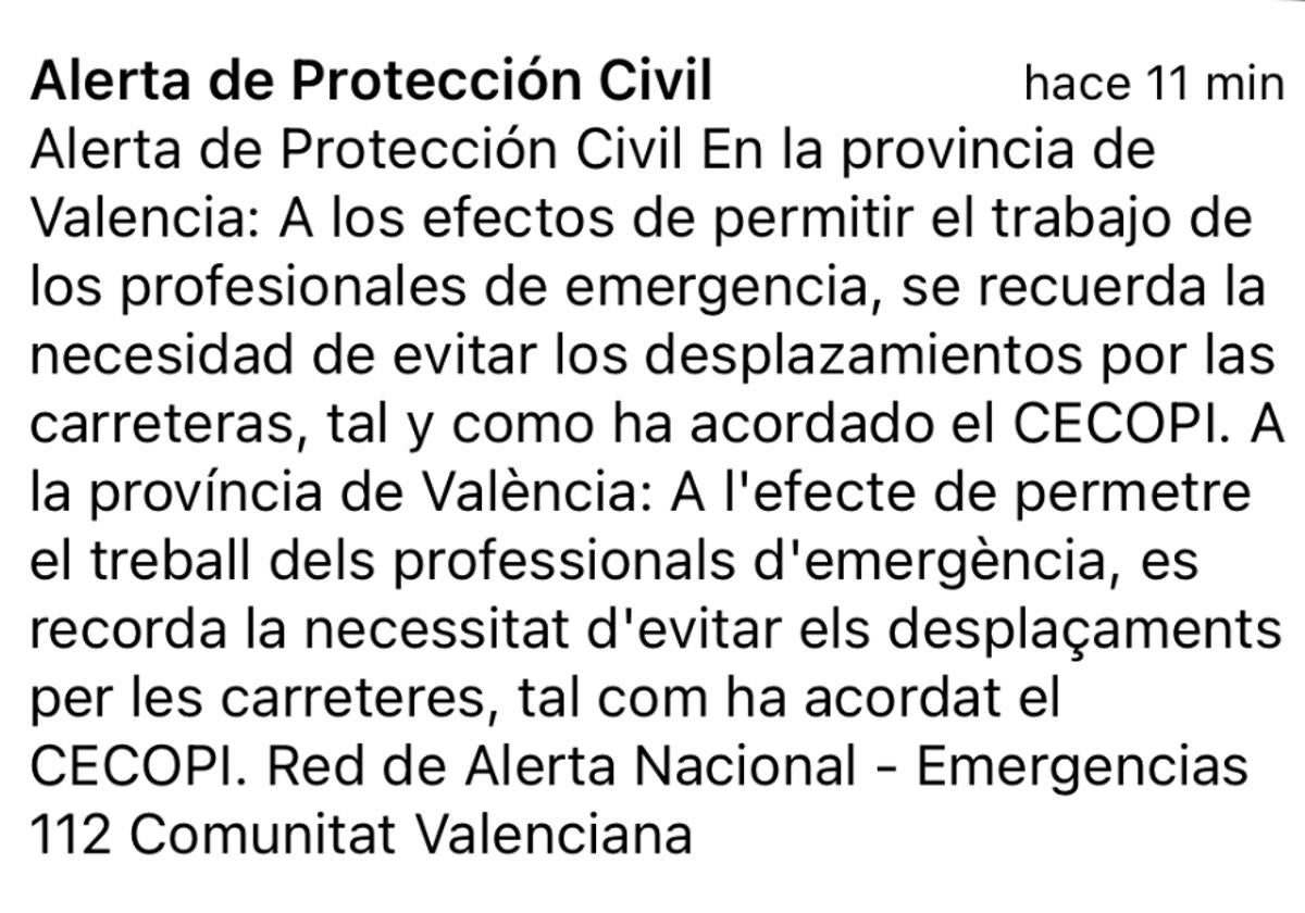 Protección Civil envía dos alertas urgentes a los móviles de Castellón y Valencia: inundaciones y evitar carreteras