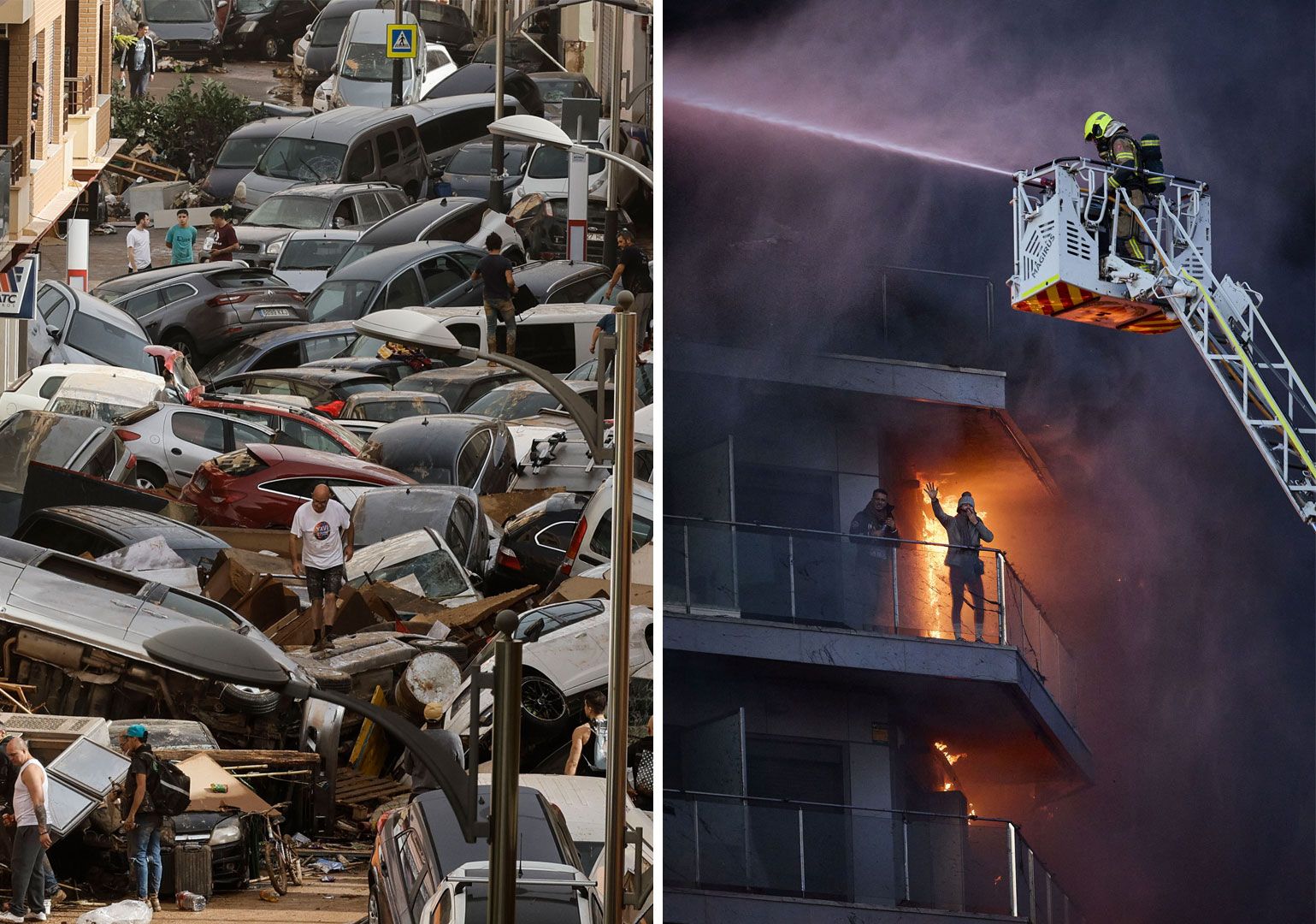 Imágenes de la tragedia en l'Horta Sud a causa de la dana y del edificio en llamas del barrio de Campanar.