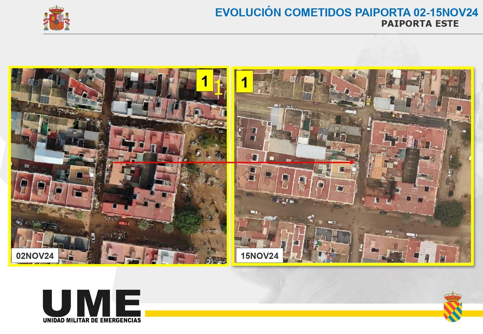 La UME muestra el antes y el después de Paiporta tras la DANA