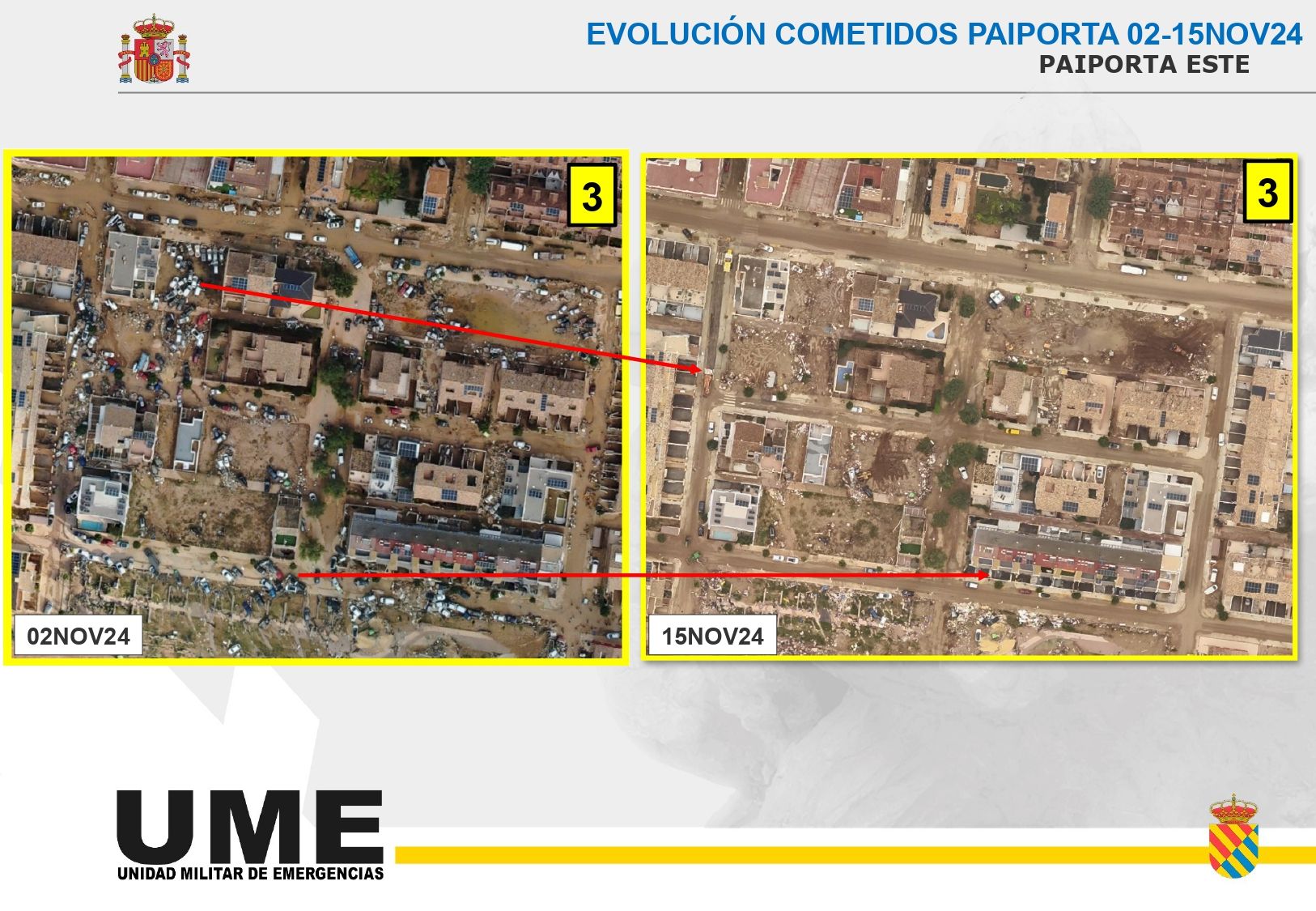 La UME muestra el antes y el después de Paiporta tras la DANA