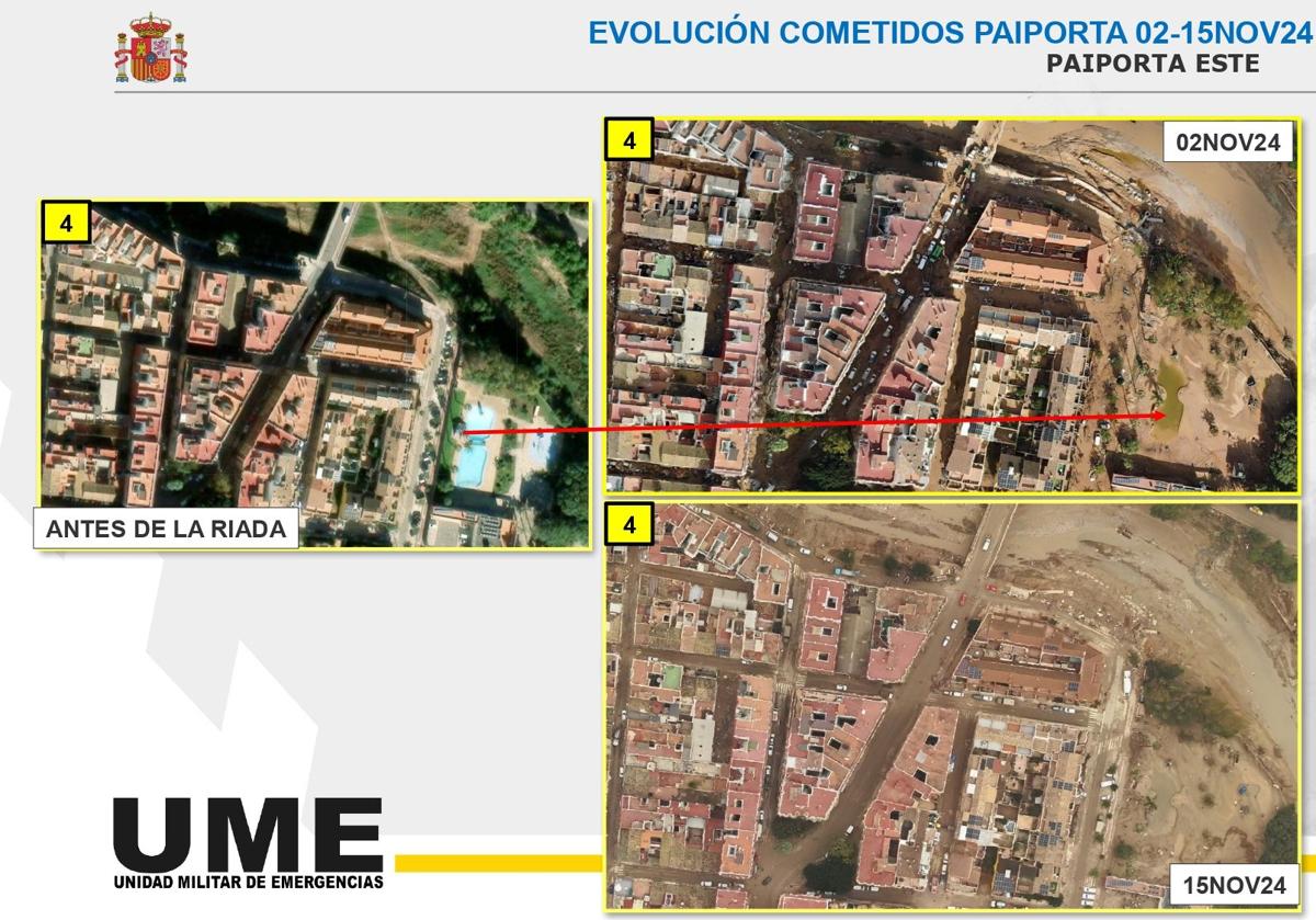 La UME muestra el antes y el después de Paiporta tras la DANA