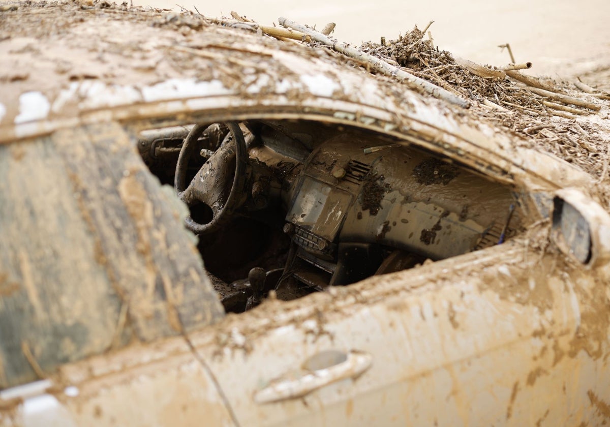 Interior de un coche arrasado por el paso de la DANA.