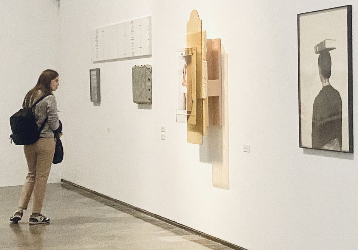 Una mujer contempla los cuadros de la exposición.