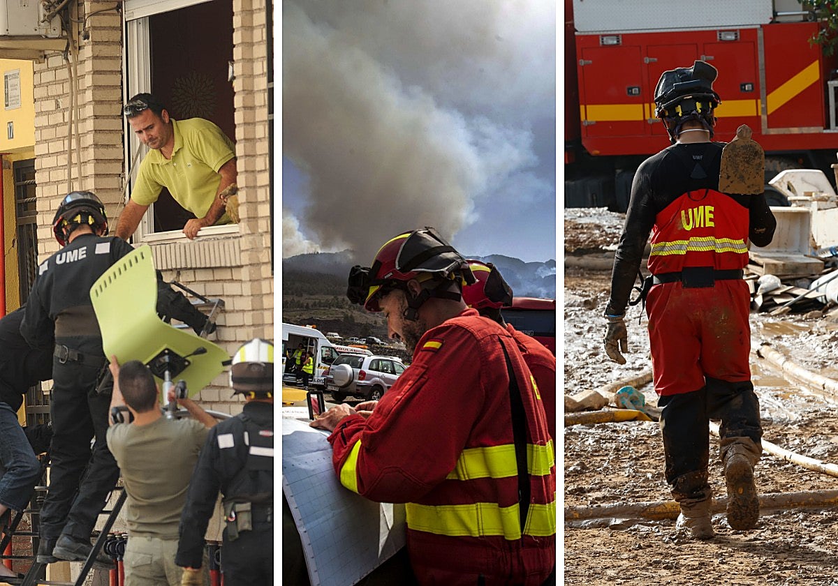 Efectivos de la UME en Lorca, La Palma y Valencia.