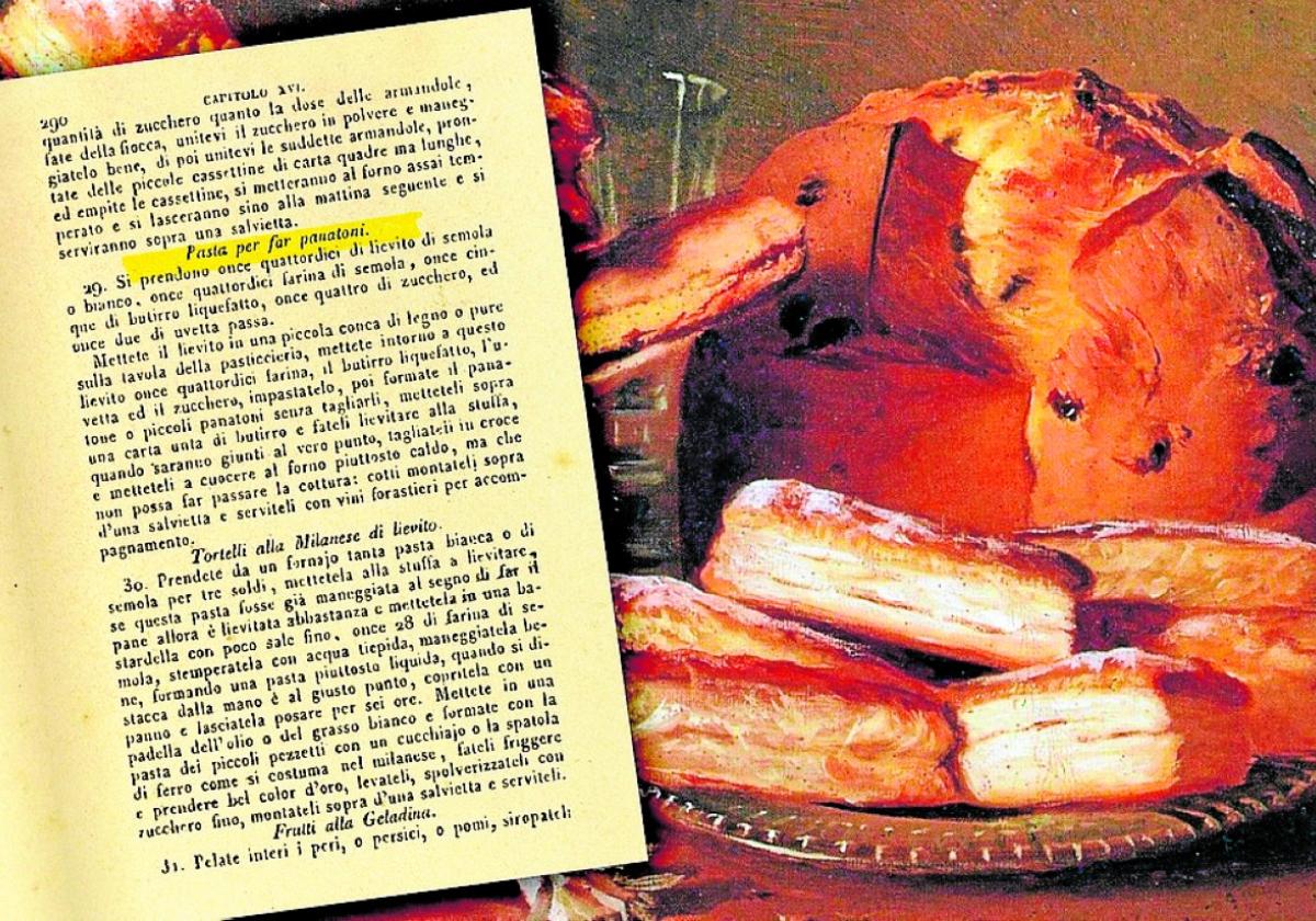 Tesoro. Receta para hacer 'panatoni' del 'Nuevo cuoco milanese' (1853) y bodegón de Eugenio de Giacomi.