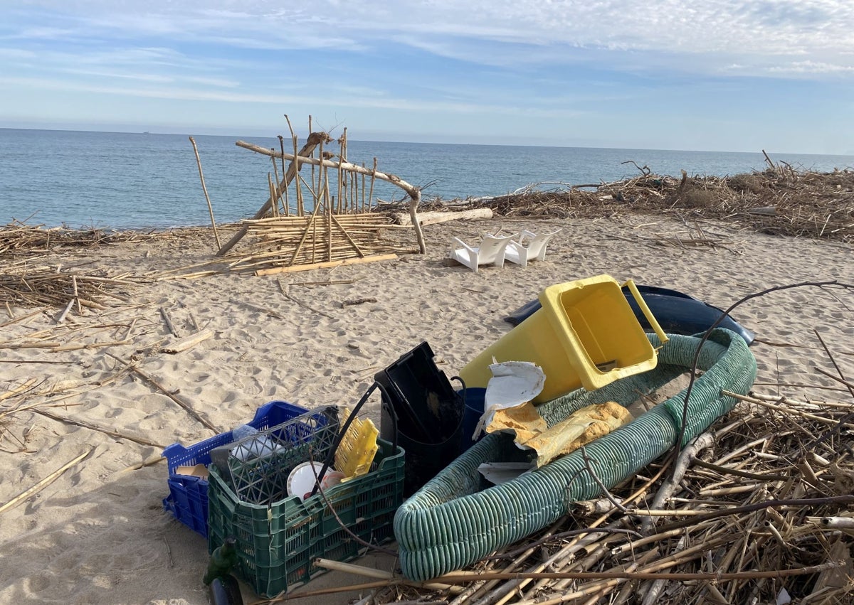 Imagen secundaria 1 - Playa de El Saler, llena de cañas, troncos, vigas y plásticos.