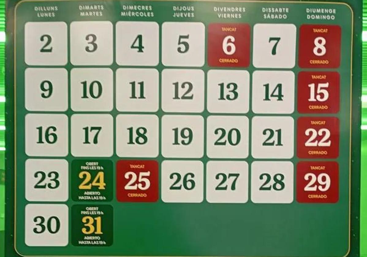 Horario de Mercadona para diciembre.