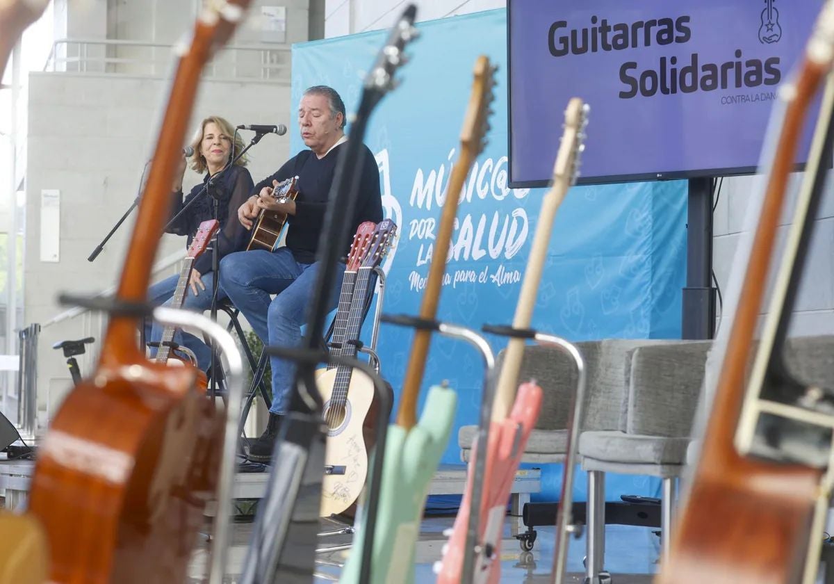 Imagen de las guitarras preparadas para la subasta.