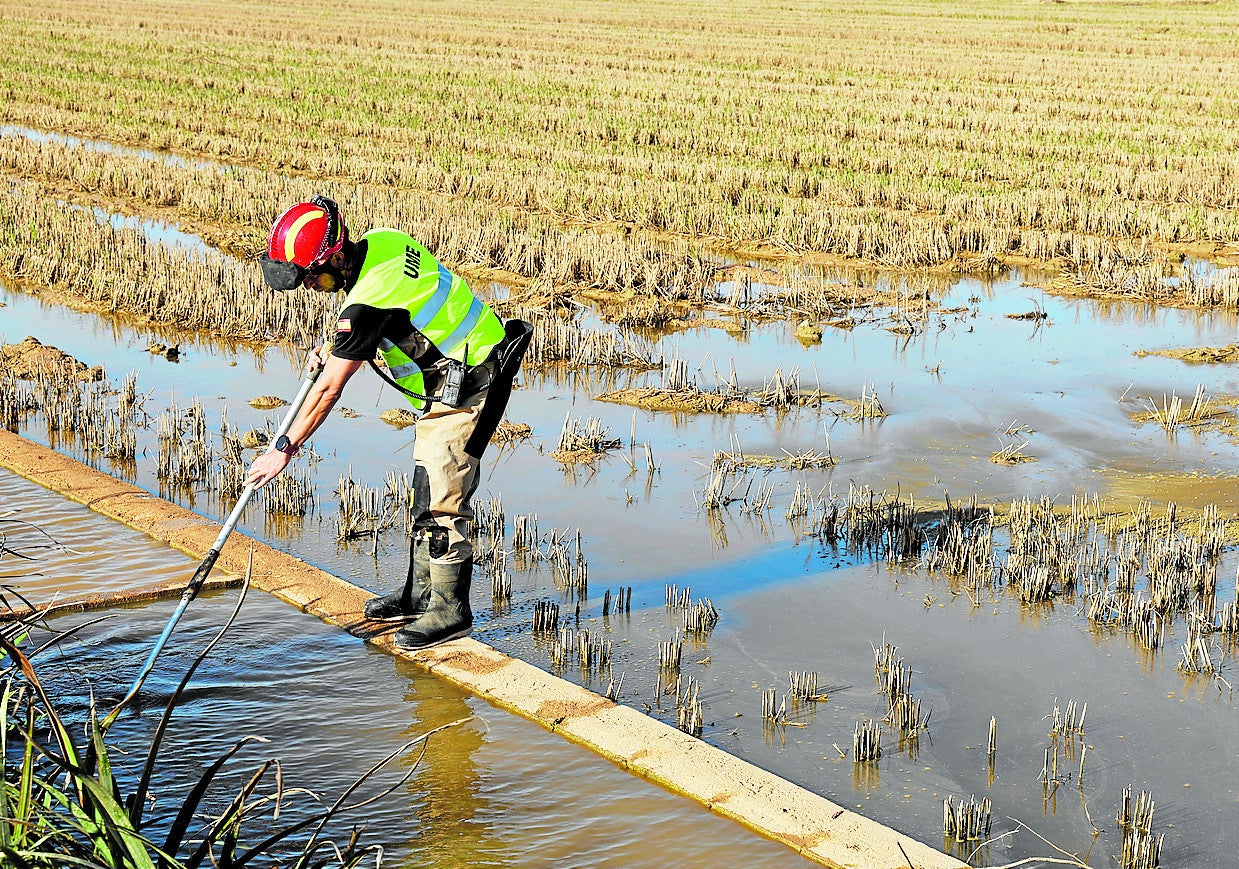 Un militar de la UME sondea el fondo de la Albufera en Catarroja en busca de desaparecidos.