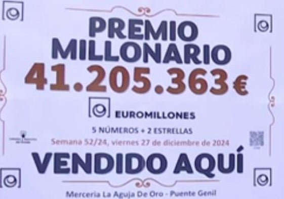 Cartel anunciando el premio de Euromillones de Puente Genil.