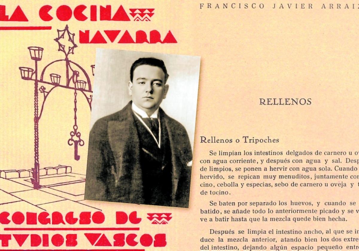 Recuerdos. Portada y páginas de 'La cocina navarra' (1930) con retrato de Francisco Javier Arraiza.