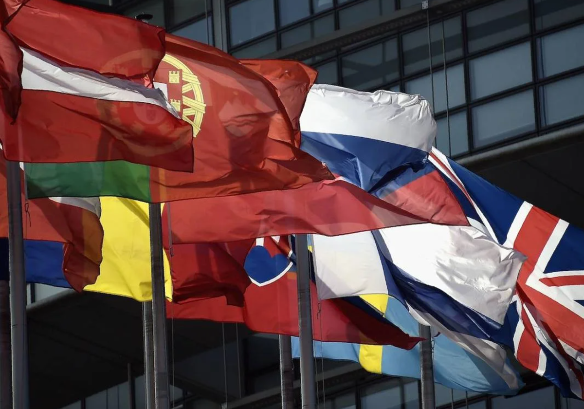 Banderas de países ante el Parlamento Europeo.