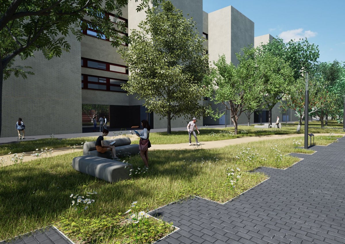 Imagen secundaria 1 - De arriba a abajo: figuraciones del jardín recayente a Ramón Llul y Tarongers, del espacio entre aularios y del corredor que separa la Facultad de Derecho del aulario norte. 