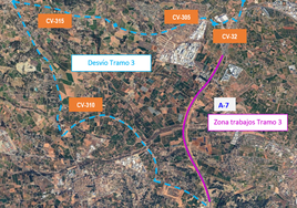 Zona afectada por las obras en la A-7 e itinerario alternativo.