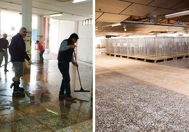 El almacén, durante la limpieza y tras las obras de urgencia.