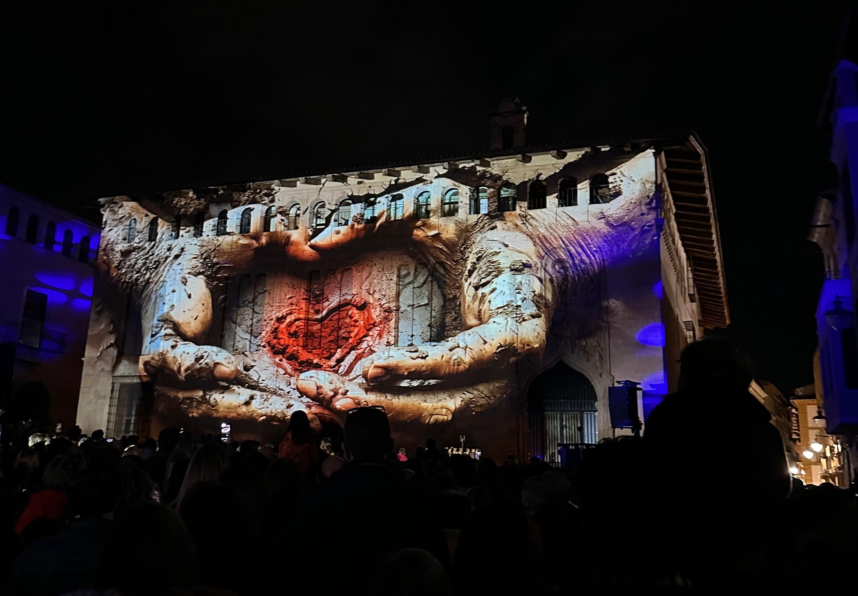 Imagen principal - Arriba, el corazón entre las manos embarradas, en el video mapping, en recuerdo a los afectados por la dana. En el medio, los ninots indultats de este año y, sobre estas líneas, una plaza de la Seu abarrotada de público durante la Crida.