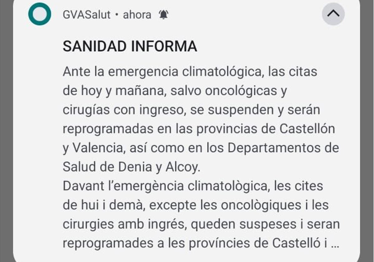 El mensaje que se ha recibido en los móviles y que ha colapsado la aplicación de Sanidad.