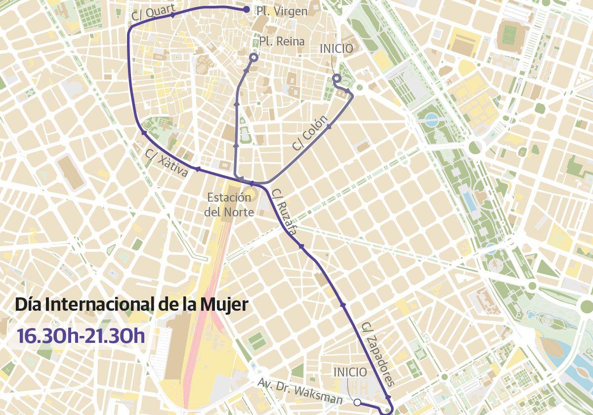 Recorrido de la manifestación por el 8-M de este sábado en Valencia.