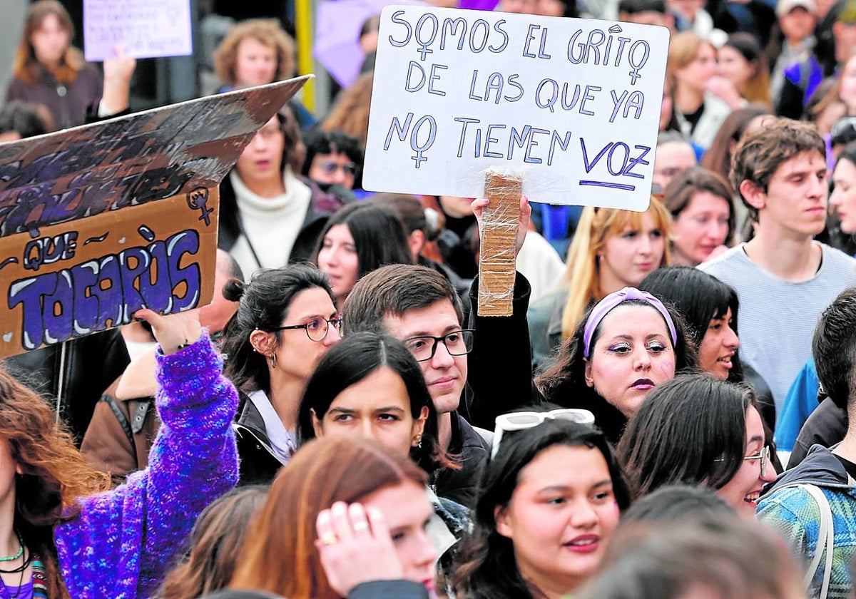 Mensajes contra la violencia de género en la manifestación del 8M.