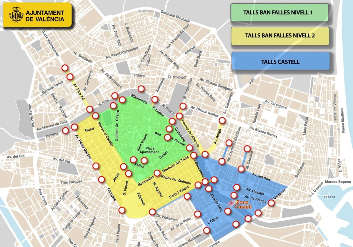 Mapa de cortes de tráfico y peatonalizaciones en Valencia por las Fallas.