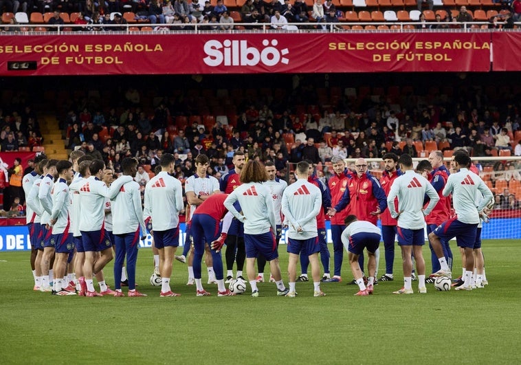 Los jugadores de la selección española, en Mestalla.