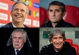 Los entrenadores Caparrós, Valverde, Ancelotti y Pellegrini.