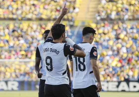 Hugo Duro celebra uno de sus dos goles a Las Palmas.