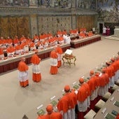 Los cardenales, momentos antes de iniciar la votación en la Capilla Sixtina, en 2013, cuando fue elegido Francisco