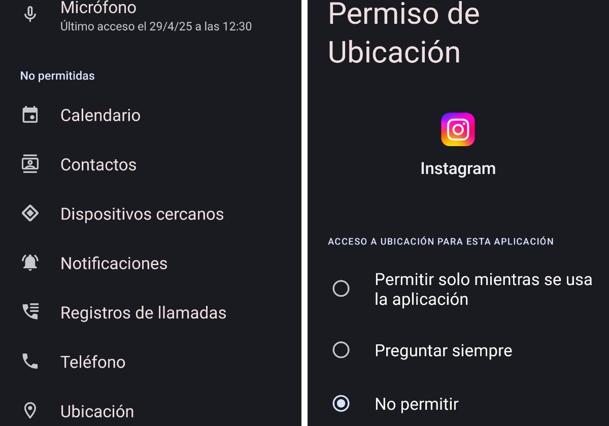 A la izquierda, la lista de permisos de aplicaciones. A la derecha, seleccionada la opción «no permitir» para que Instagram no acceda a la ubicación