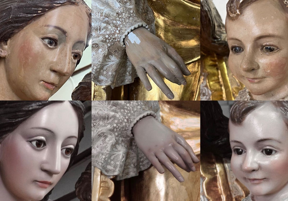 El antes y después de la restauración de la Virgen de los Desamparados de Paiporta.