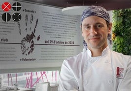 Martín González, chef del Líos Restaurant, delante del mural que señala la altura a la que llegó el agua el día de la dana