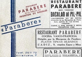 Tarjeta publicitaria. El restaurante Parabere y anuncios de prensa del negocio entre 1936 y 1941.
