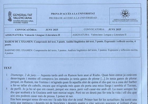 Texto central del examen de Valenciano de la Prueba de Acceso a la Universidad de 2025.