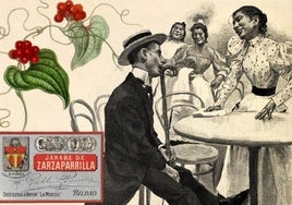 Ilustración de Smilax aspera.  Etiqueta de jarabe de zarzaparrilla y una horchatería.