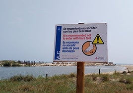 Cartel del Ayuntamiento de Valencia que recomienda no ir descalzo por la playa de El Perellonet.