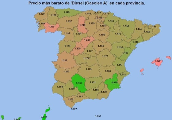 Precio mínimo del diésel por provincias.