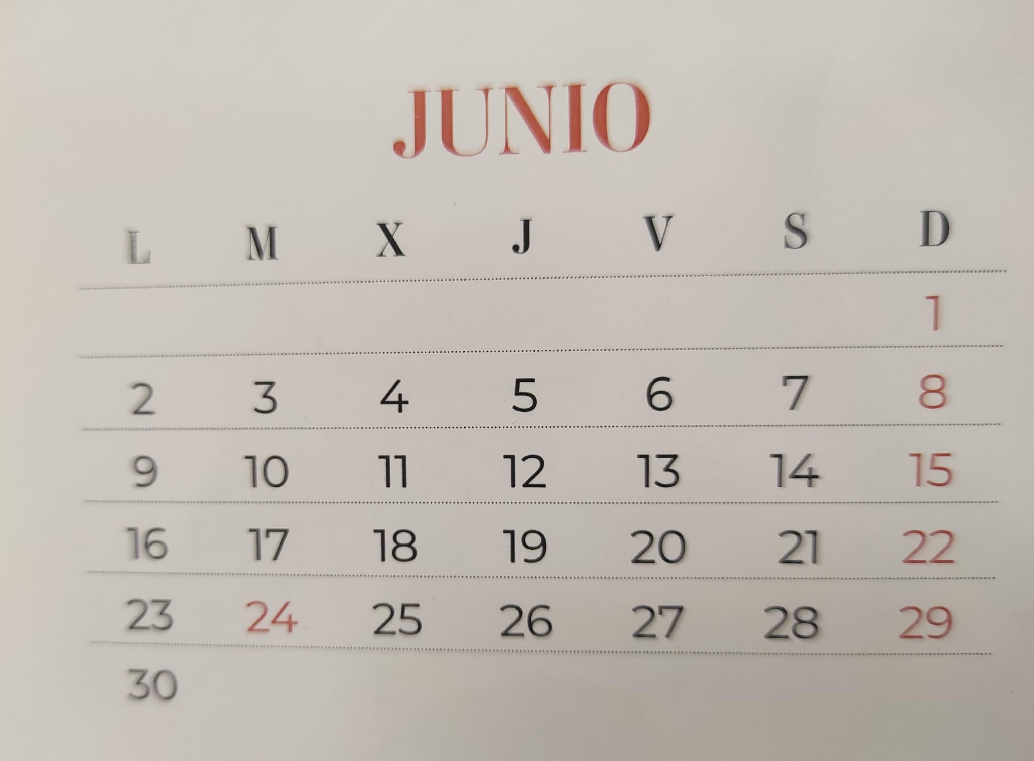 Calendario laboral de junio.