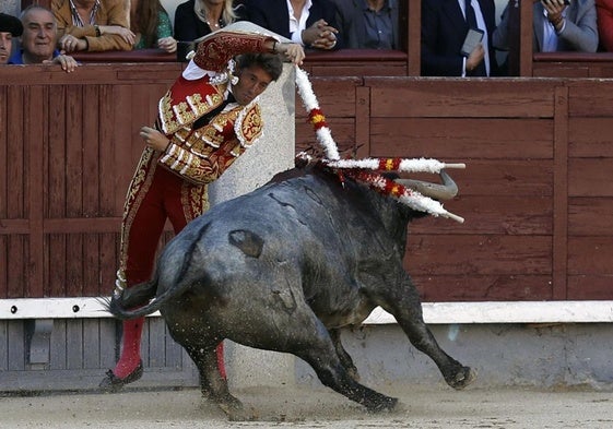 El diestro Manuel Escribano poniendo una banderilla durante una faena.