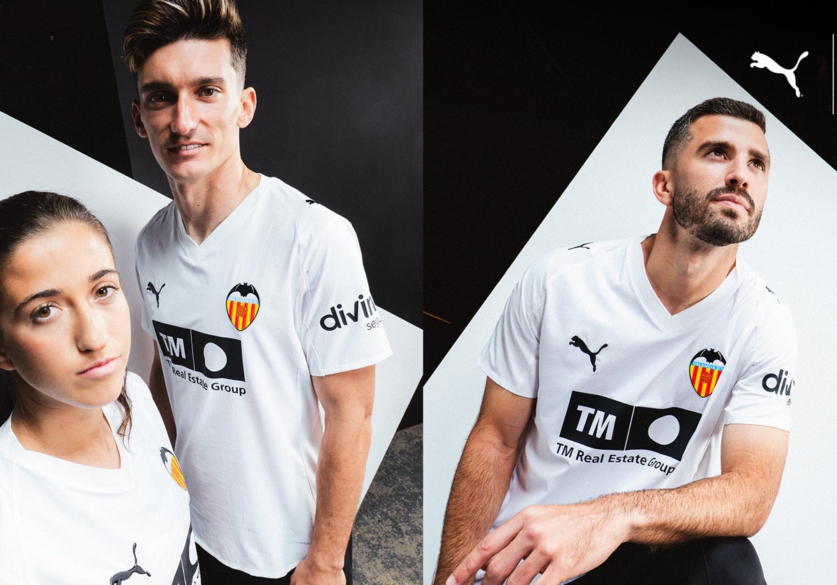 Tres jugadores del Valencia tanto del masculino como del femenino presentan la nueva camiseta.