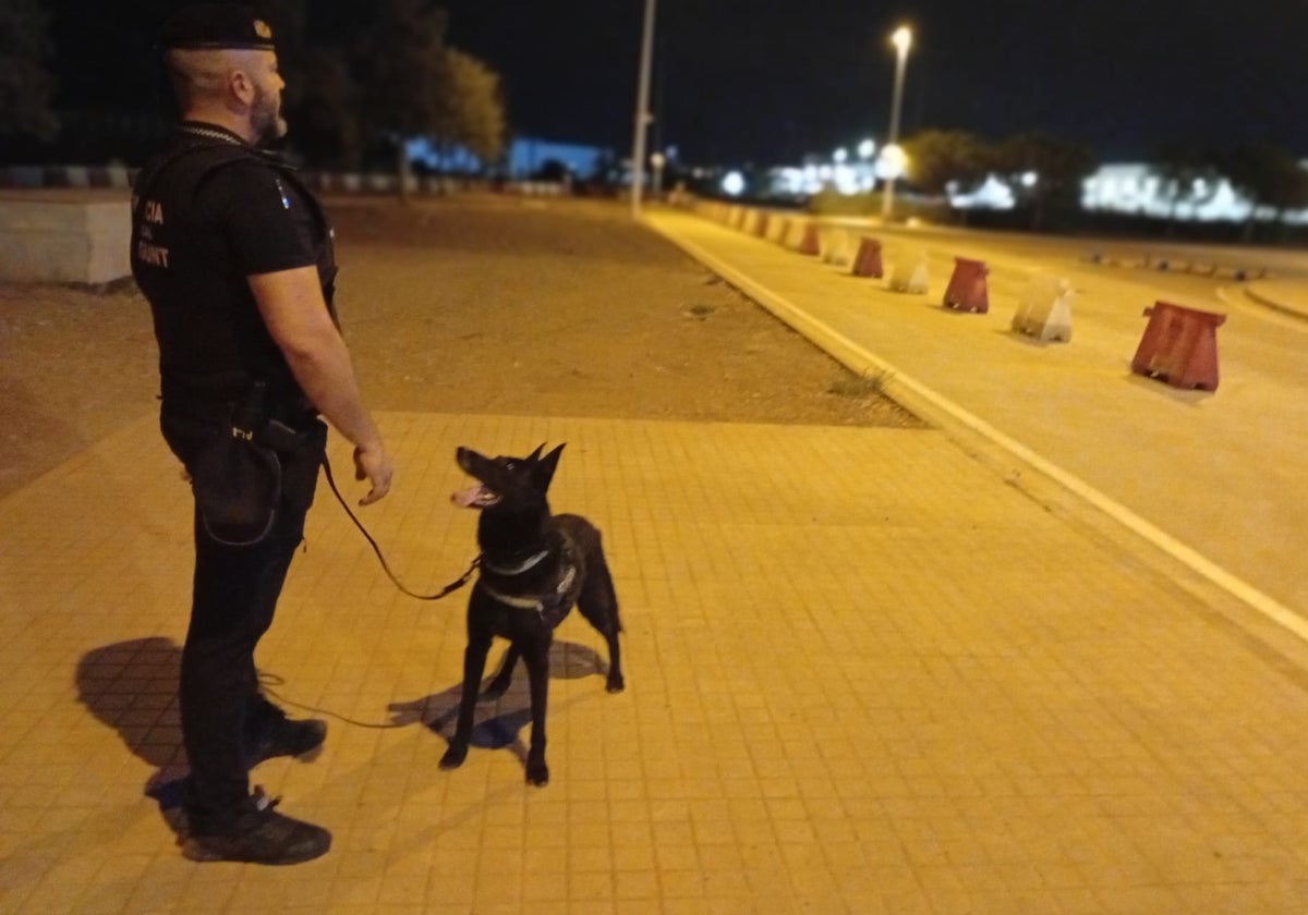 El guía canino de la Policía Local de Sagunto con 'Odín', el perro adiestrado para detectar drogas.