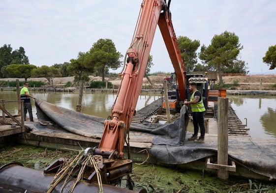 Operarios en el dragado del puerto de Catarroja esta semana.