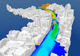 El agua, a su paso por la salida de Chiva hacia Cheste, en una simulación del Cedex.
