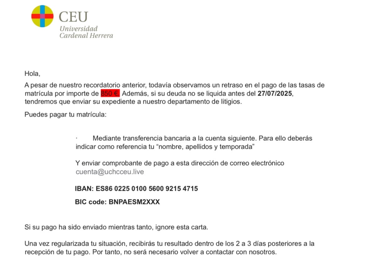 Parte del mensaje fraudulento que recibieron los alumnos.
