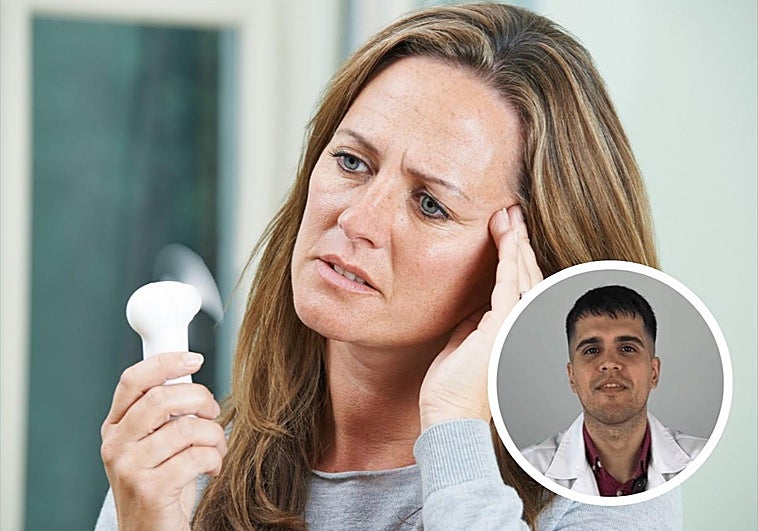 Una mujer dándose aire con un pequeño ventilador. A la derecha, el nutricionista Carlos Dorado.