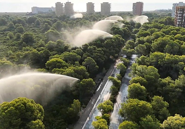 Los cañones de agua de El Saler, activos este lunes.