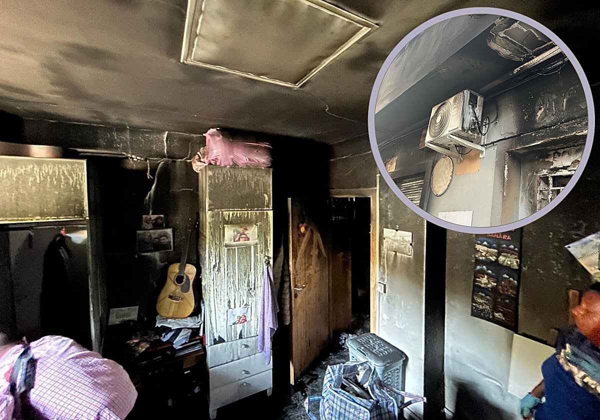Una de las habitaciones afectadas por el incendio y el exterior del bajo.